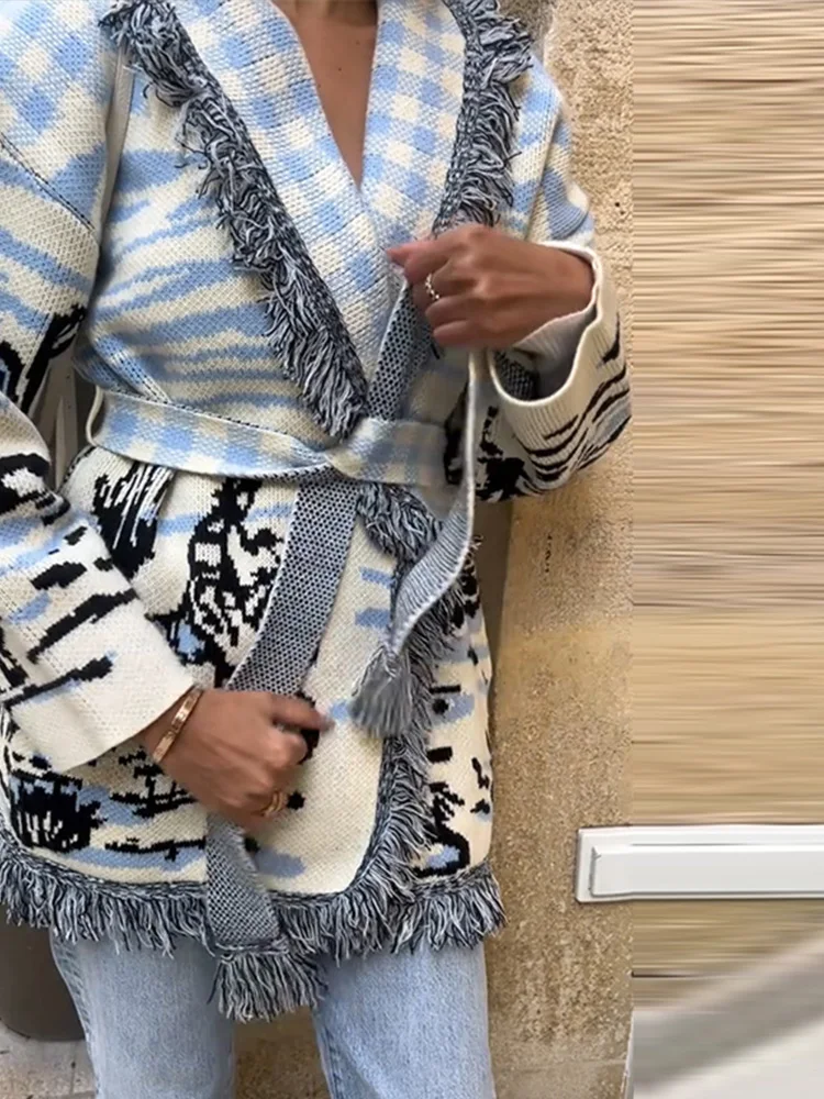 프린트 니트 태슬 가디건 여성용 벨트 블루 V넥 긴팔  - Tassel Fringe Trim 리뷰 및 가격
