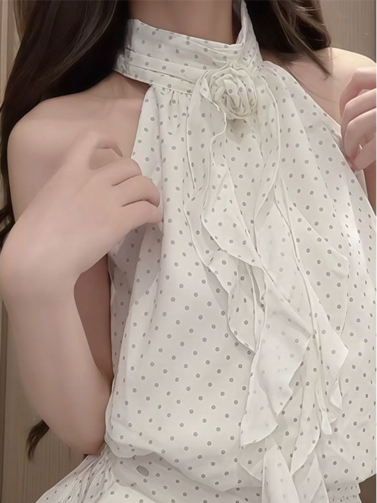 프랑스풍 스위트 폴카 도트 2피스 세트 여성용 홀터넥  - Elastic Lace Trim 리뷰 및 가격